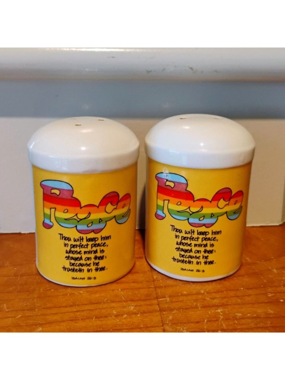 Vtg Rainbow Peace Ceramic Salt & Pepper Set Bible Verse Sonrise Creations Enesco